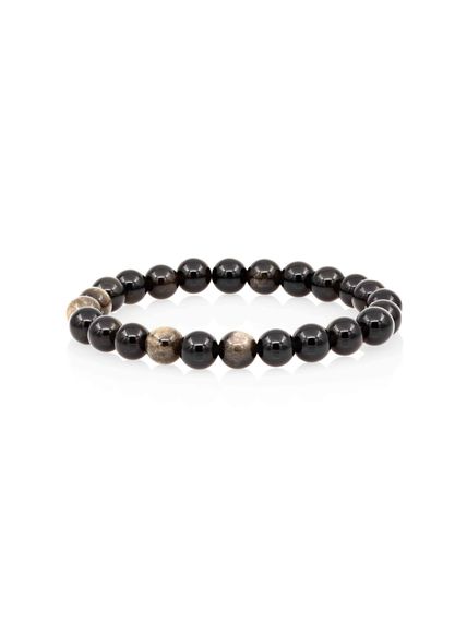 Фото браслета из обсидиана 8 мм на белом фоне вид сбоку