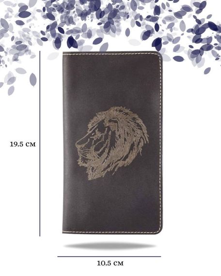 Фото функционального высокого кошелька Лев из синей кожи Инфографика Размеры