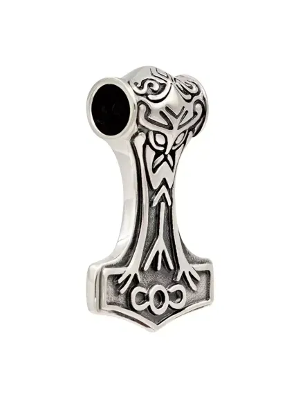 Фото подвески Мьельнир из серебра с руной Альгиз, вид в полуоборот.