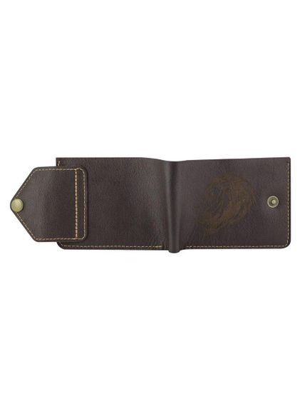 Фото компактного портмоне Лев из коричневой кожи, в развернутом виде с фасада.