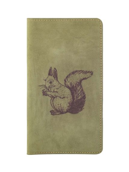Фото функционального кошелька Белка из зеленого нубука, вид фасад.