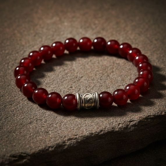 Браслет Денежный импульс из натурального сердолика с руной Феху из мельхиора, живое фото 3