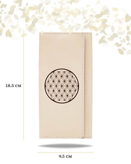 Фото функционального кошелька Цветок жизни из молочной кожи Инфографика Размеры